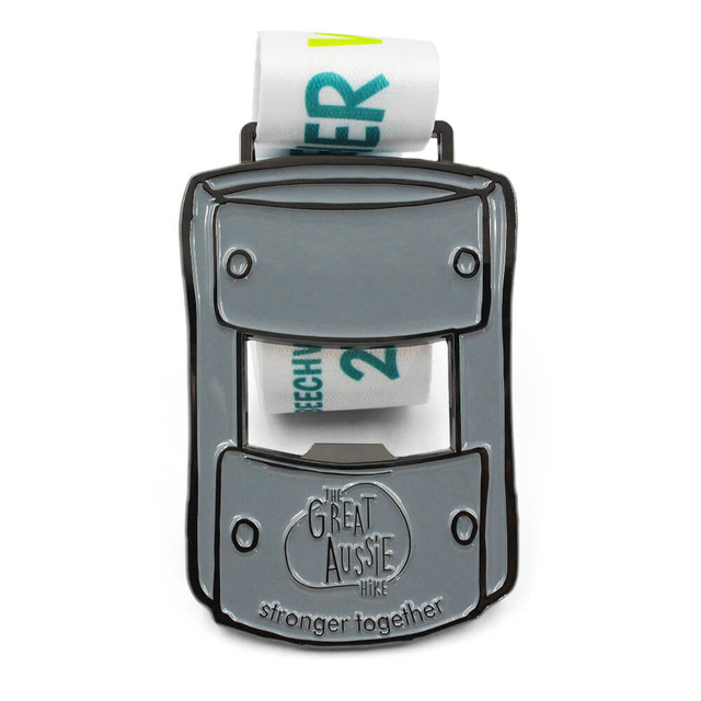 Custom event medal with "North to 7KM" personalized ribbon for The Great Aussie Hike