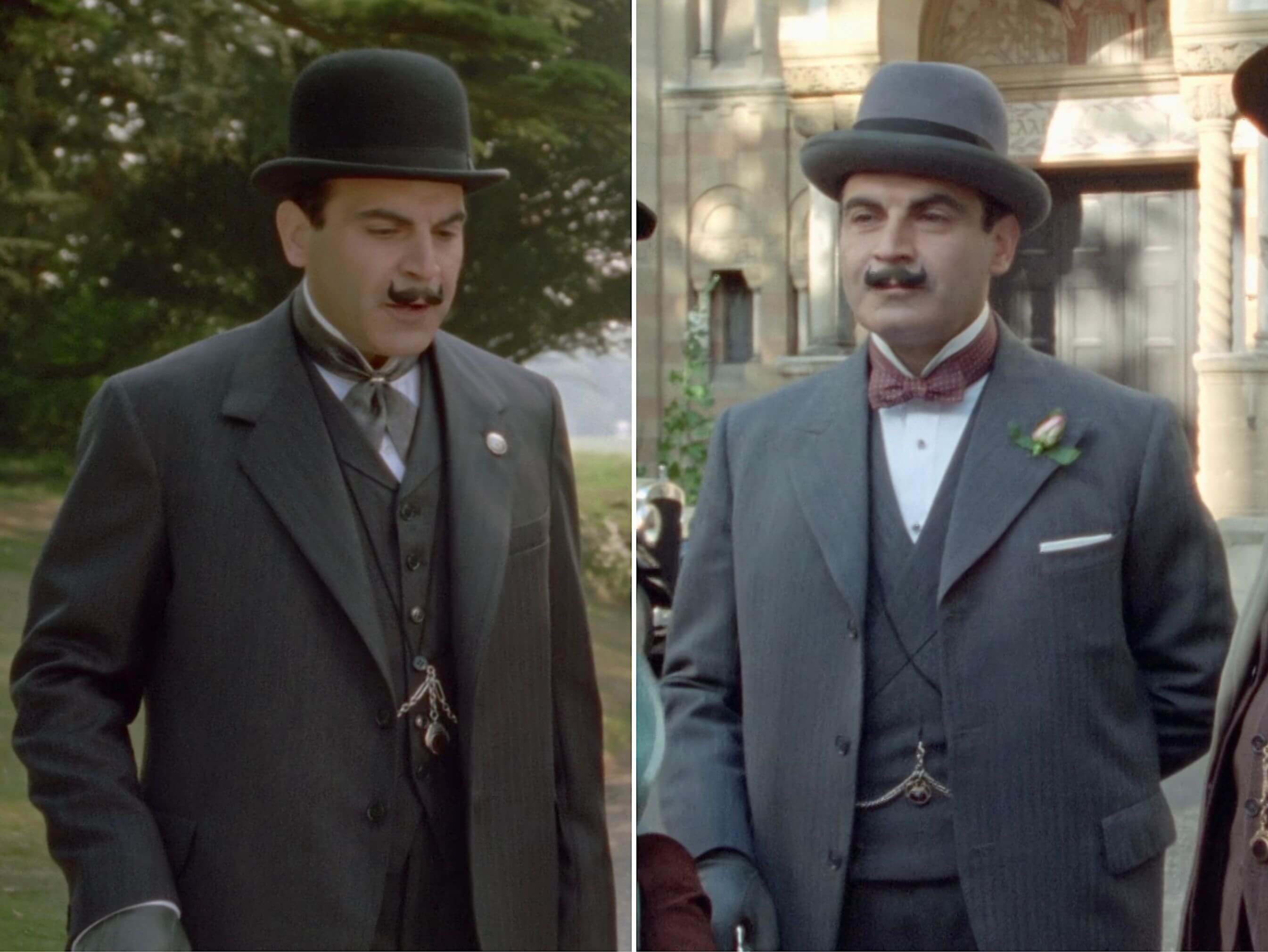 Hercule Poirot portrayed by David Suchet wearing a classic lapel pin on a three-piece suit, showcasing traditional British gentleman style and proper lapel pin placement.