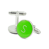 Personalized green enamel cufflinks with initial S letter on silver metal base