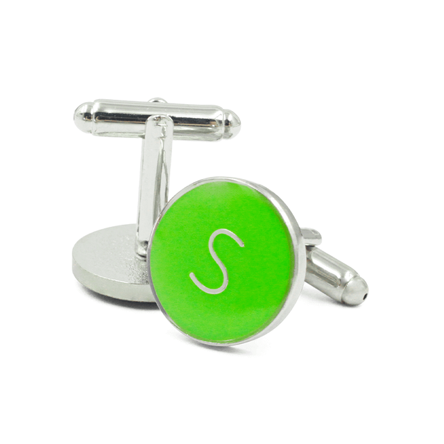 Personalized green enamel cufflinks with initial S letter on silver metal base