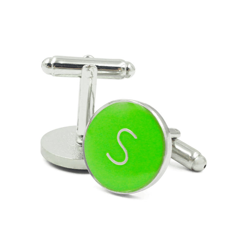 Personalized green enamel cufflinks with initial S letter on silver metal base