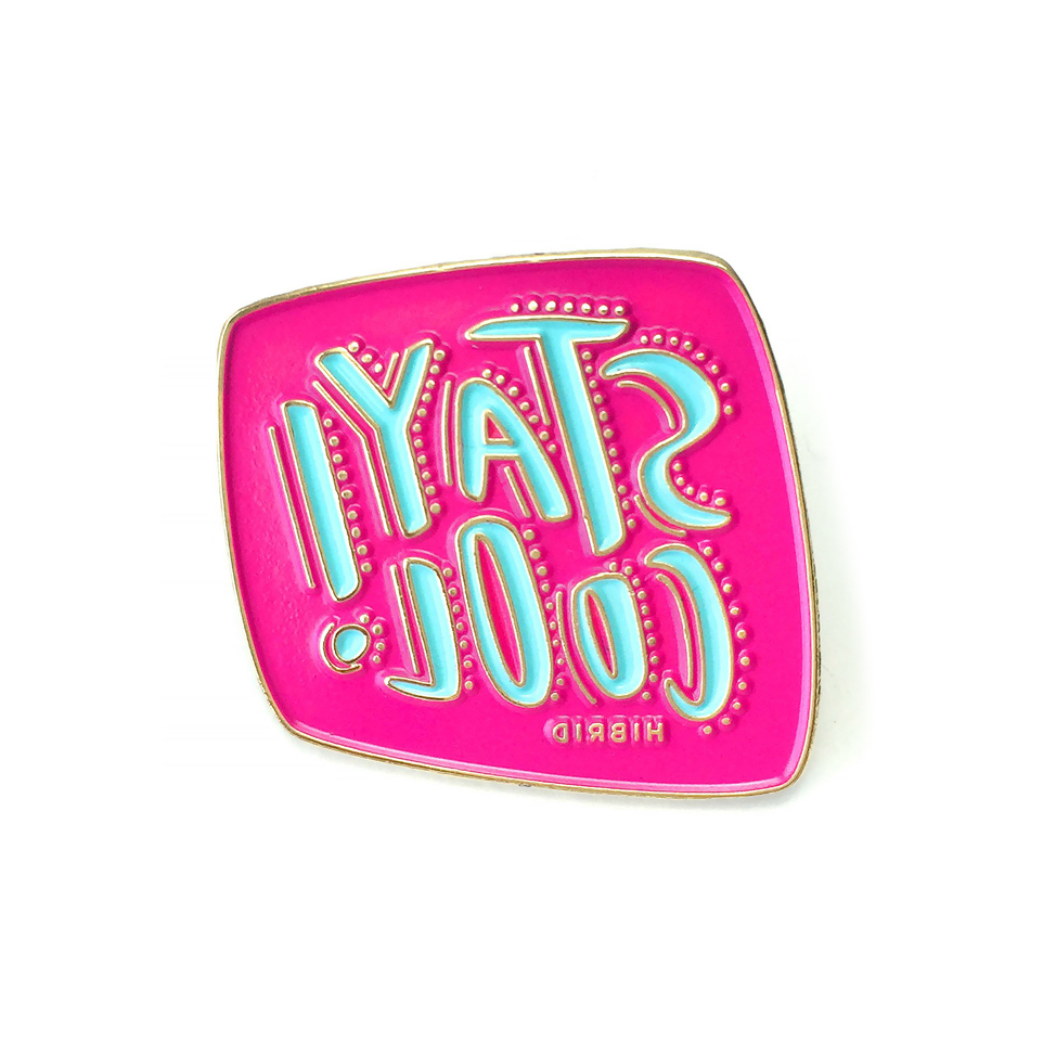 Personalized enamel pins with pink background and reversed “Stay Cool” slogan, vintage lapel pins style suitable for fashion, anniversary lapel pins, and pin lapel pin designs