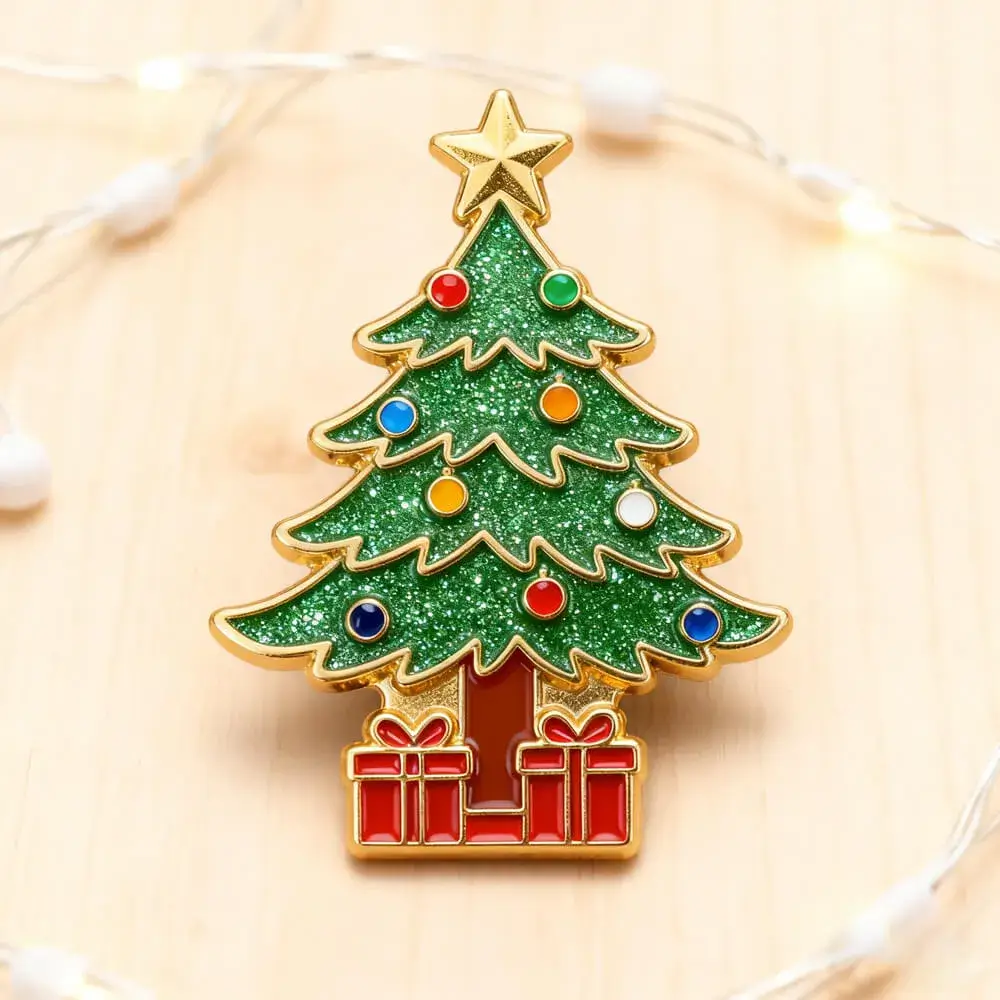 A badge decorated with rhinestones on a Christmas tree