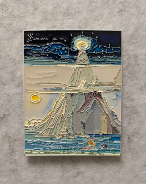 Three-dimensional layered paper art depicting ocean, mountains, and starry sky, created with cut-and-stack technique for depth and texture, ideal for decorative wall art and creative collectible displays