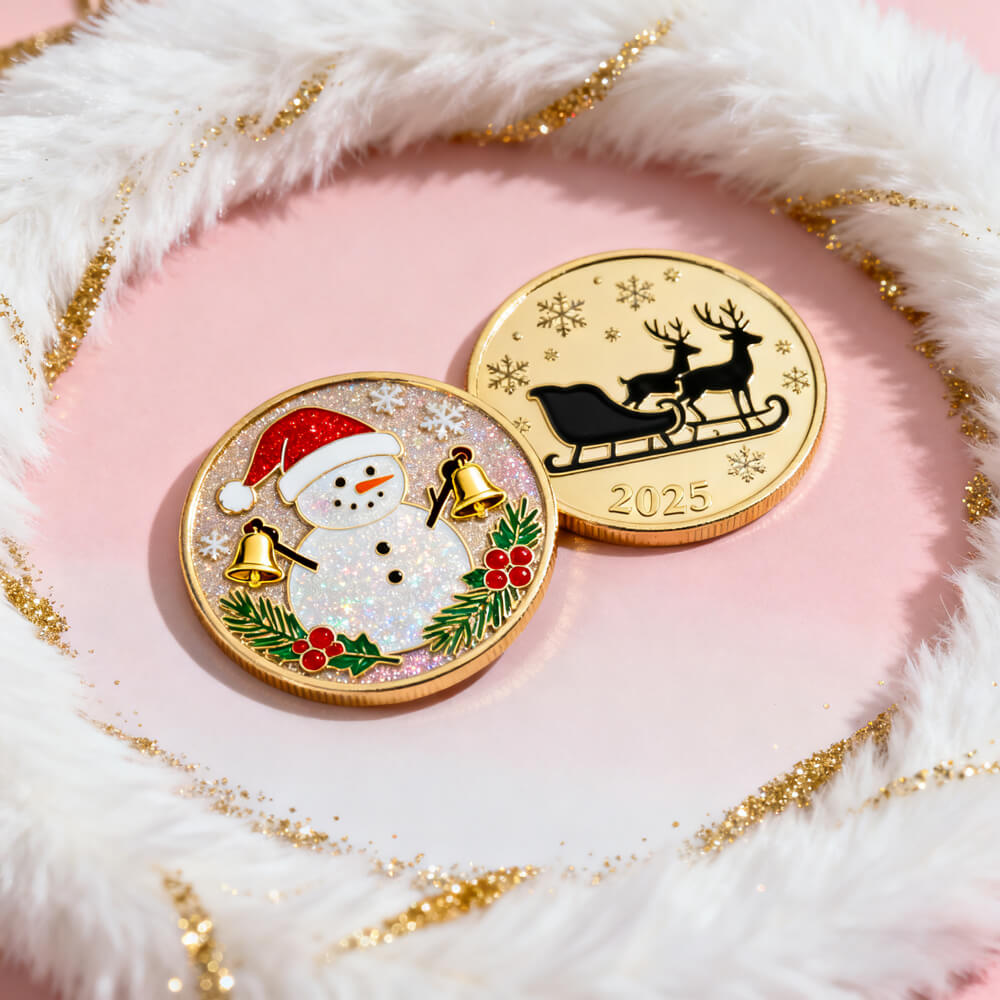 Adorable 2025 Christmas coin set with glitter snowman wearing Santa hat and reindeer sleigh silhouette design, perfect stocking stuffer gift
