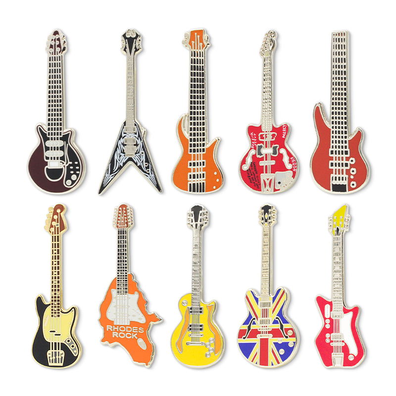 Custom hard enamel pin with Union Jack guitar and "The British Scooter Scene" text in bold red, white, and blue—premium polished finish for mod culture and rock enthusiasts