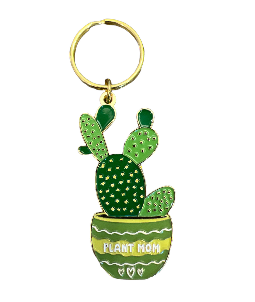 Enamel cactus keychain with 'HUGZ!' tag and pink pom pom charm on gold ring