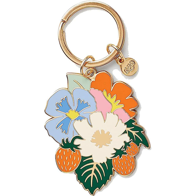 Enamel keychain with colorful flower bouquet including pansies