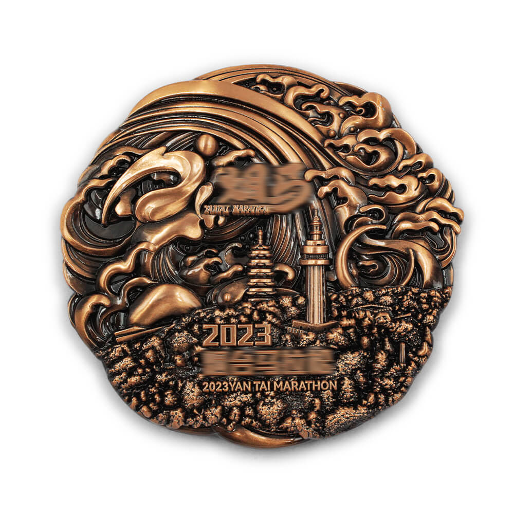 Antique bronze custom race medal, 2023 Yan Tai marathon with detailed relief landmark design