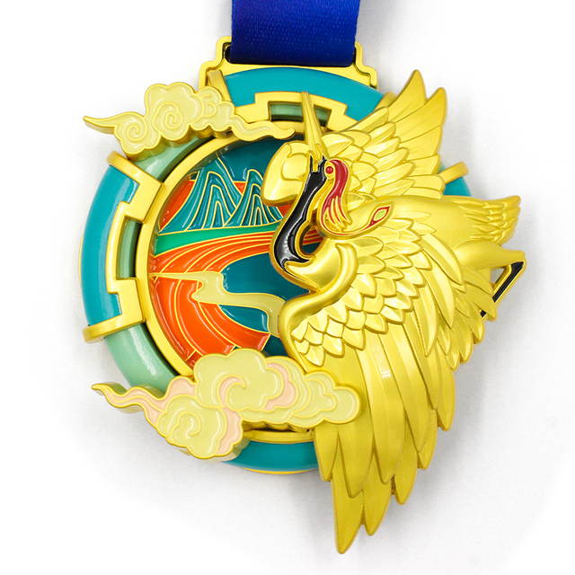GUGLE custom race medal with majestic golden phoenix wings, colorful enamel clouds, turquoise gold frame and blue ribbon for mythical finisher awards