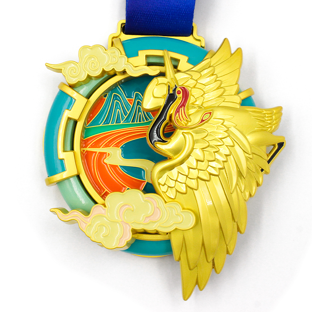 GUGLE custom race medal with majestic golden phoenix wings, colorful enamel clouds, turquoise gold frame and blue ribbon for mythical finisher awards