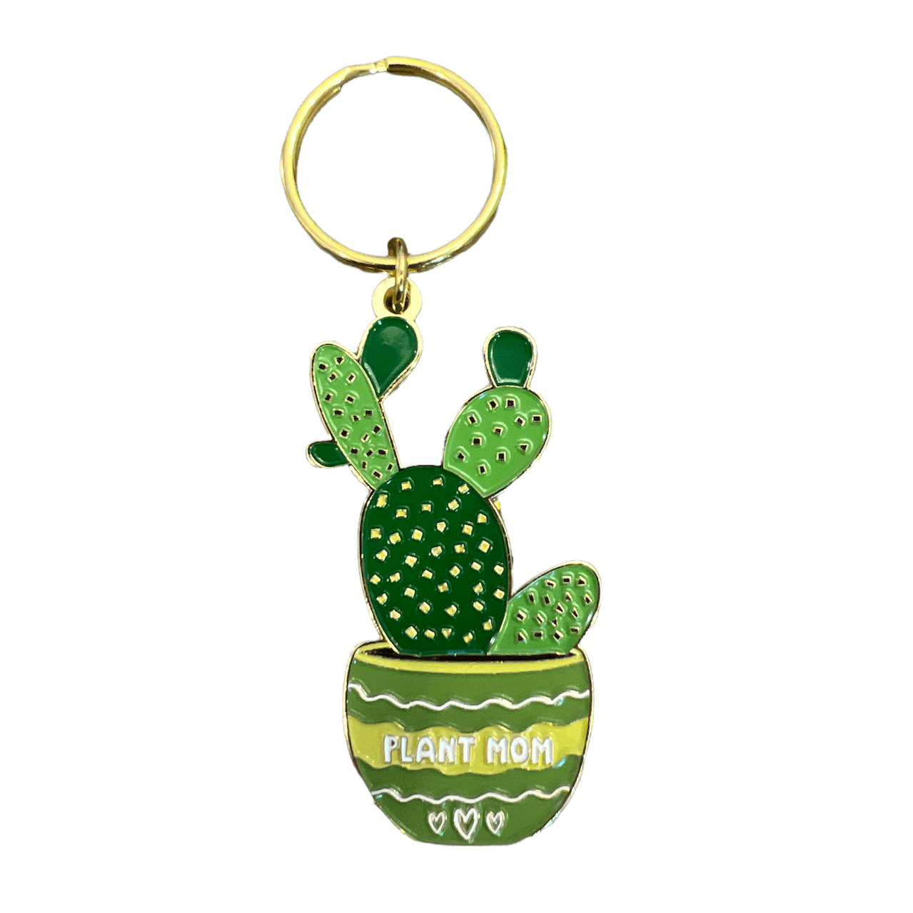 Enamel cactus keychain with 'HUGZ!' tag and pink pom pom charm on gold ring