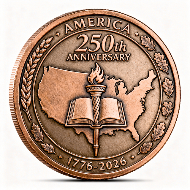Custom 3D Copper Challenge Coin with US Map & Torch Design for 250th Anniversary