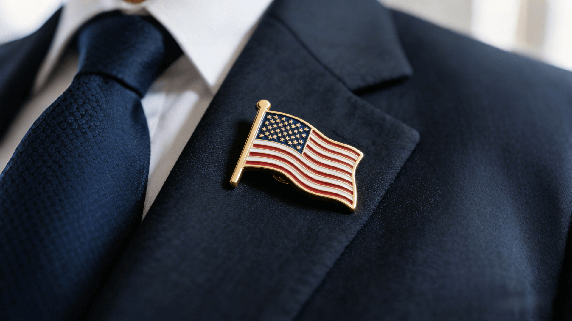 US Flag pin on the suit 
