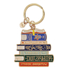 Custom enamel book keychain depicting stacked classics like Pride & Prejudice, Jane Eyre, and Wuthering Heights with yellow bookmark, ideal for readers