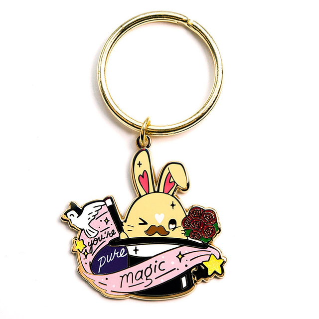 CUGLE kawaii anime keychain with magician rabbit pulling dove and roses from hat, "You're Pure Magic" banner