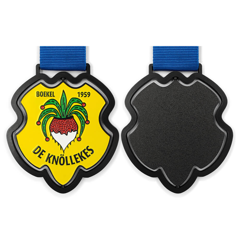 Front and back view of custom spinning medal showing rotatable center and blank reverse