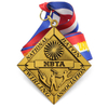 GUGLE custom medal for awards in diamond gold shape with NBTA engraving, twirlers silhouettes, sunburst center and patriotic red white blue ribbon for baton twirling competitions