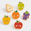 Custom enamel fruit lapel pins featuring cartoon pear, apple, grape designs in soft enamel, ideal for clothing and bags