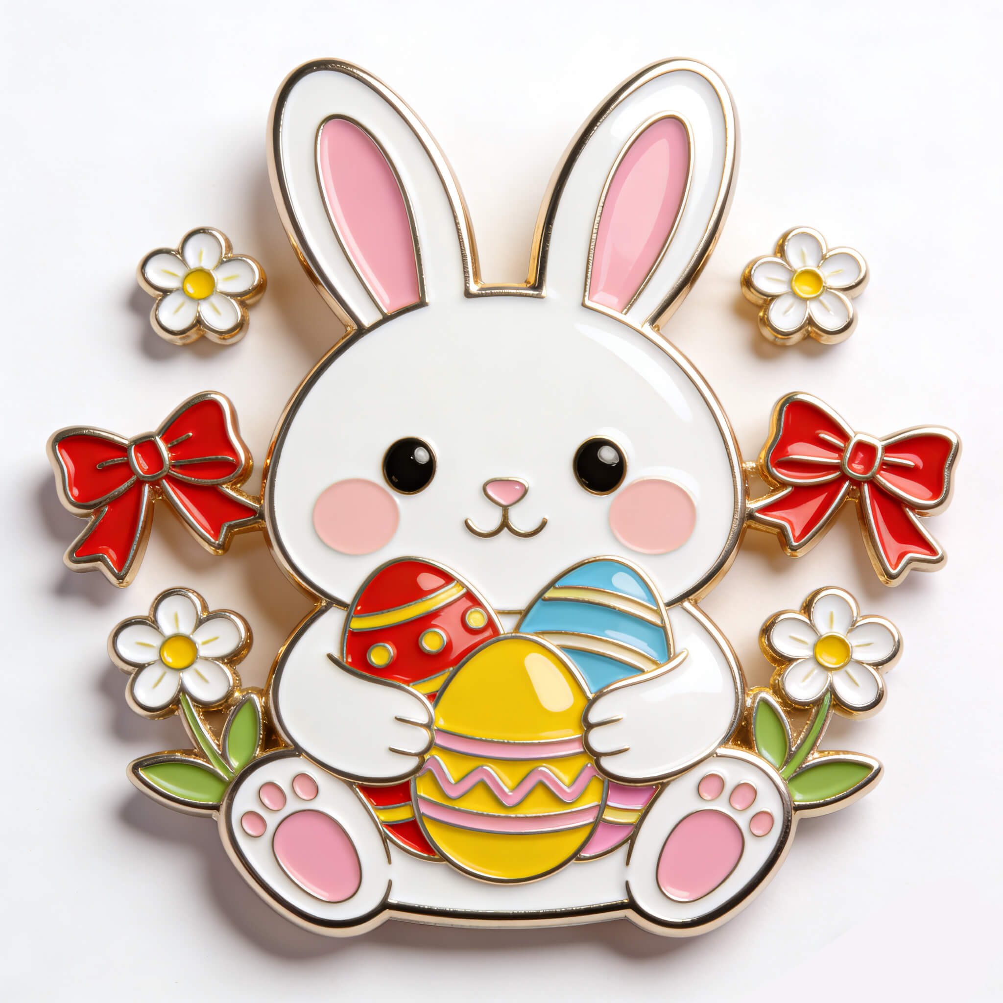 Cute Easter bunny holding colorful eggs custom lapel pin with flowers