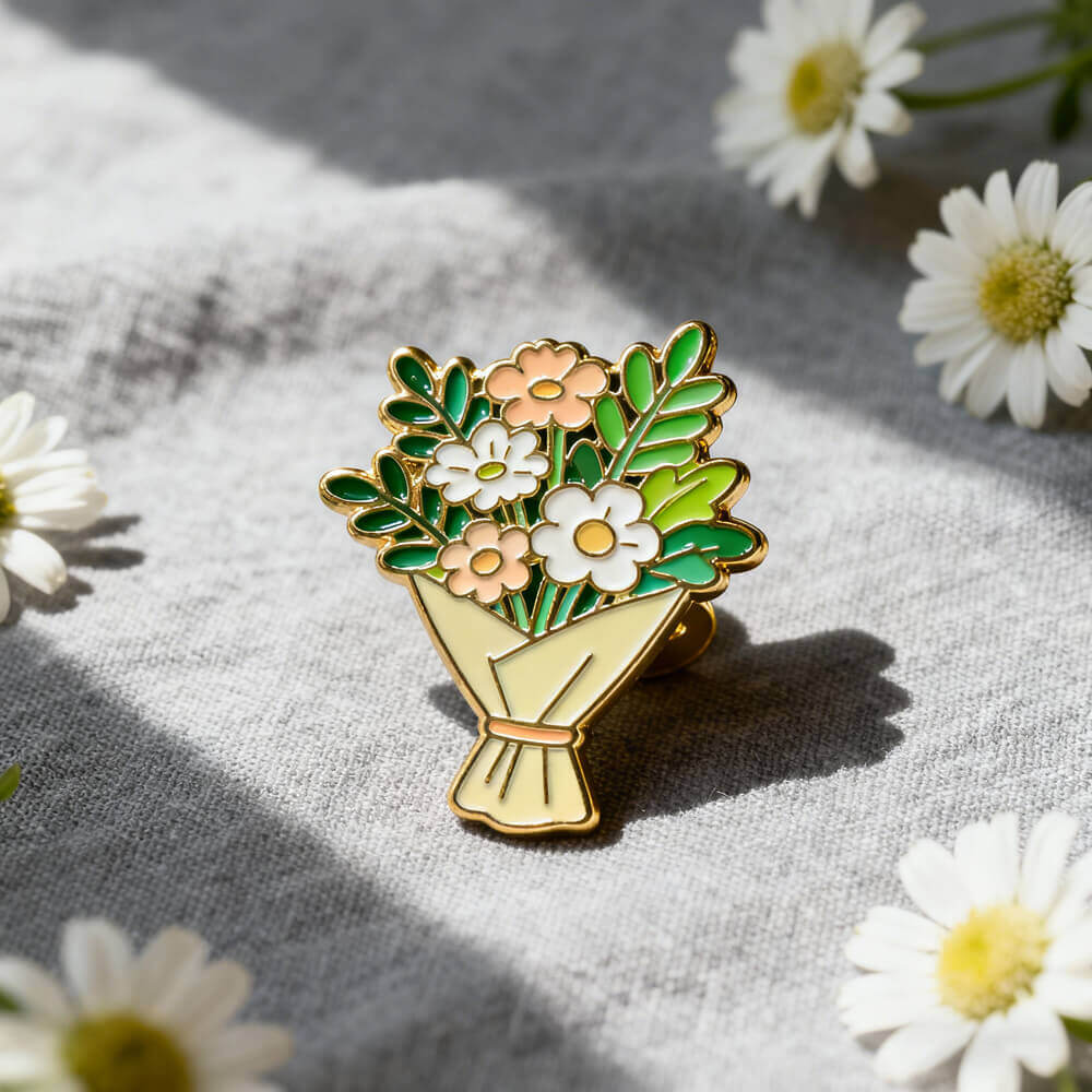 A bouquet-shaped badge