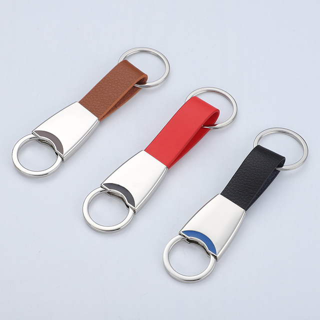 Bulk Custom Logo Metal PU Leather Key Chain With Double Rings