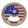 Custom Soft Enamel Bottle Opener Coin featuring South Carolina State Flag with crescent moon, palm tree, stars, and red & white stripes of the American flag, engraved with 