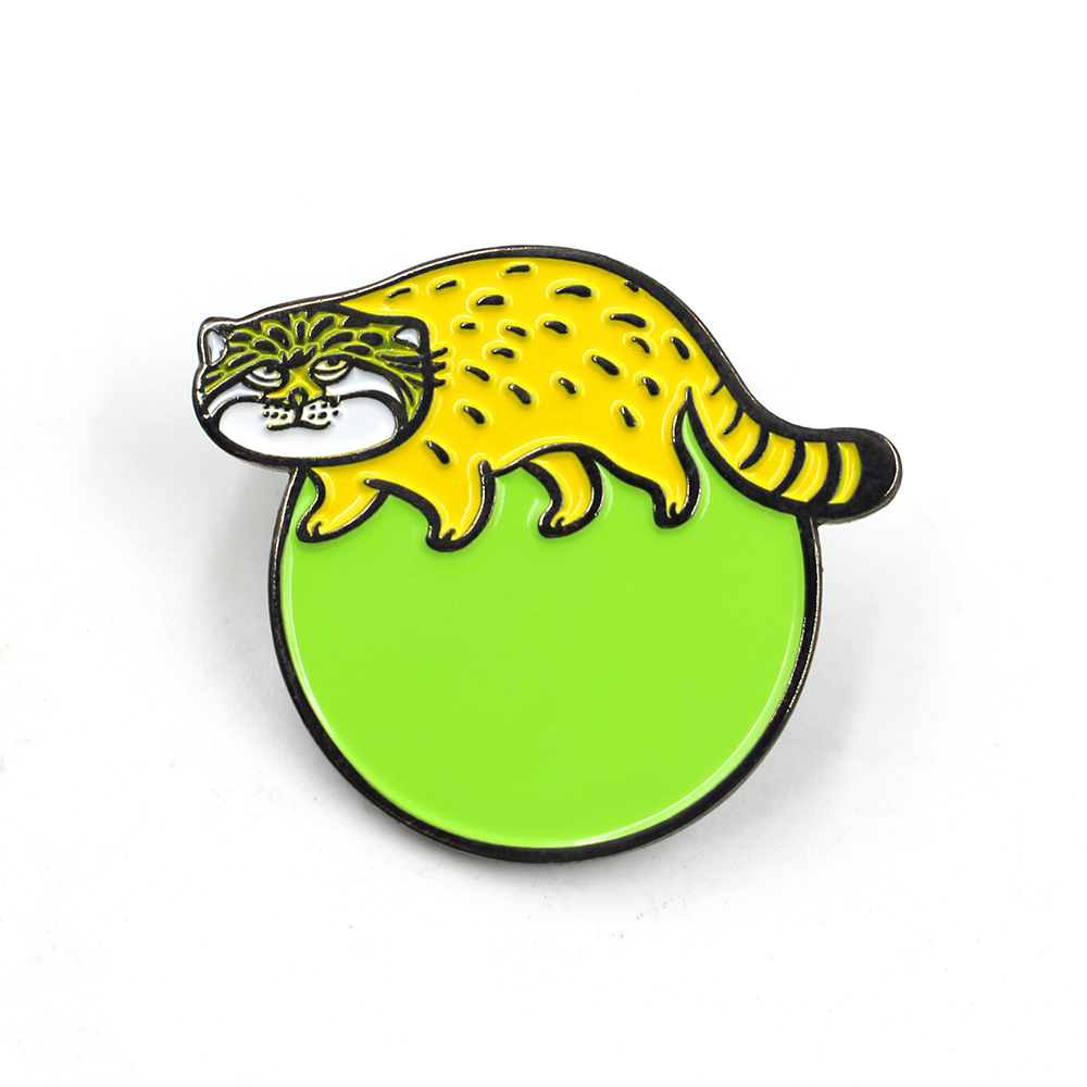 Custom soft enamel lapel pin featuring a cute yellow cartoon leopard cat design, playful animal style enamel pins ideal for personalised lapel pin and cool lapel pins collections