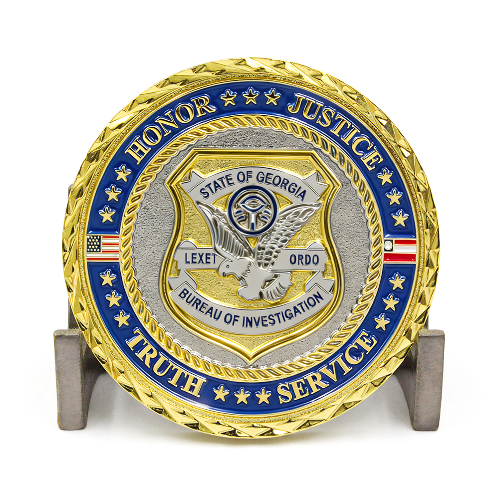 Custom medal of honor challenge coin for engraving - Georgia Bureau of Investigation design with honor, justice, truth, service motto