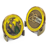 Unique challenge coins in 3D custom soft enamel - anniversary and wildfire rescue themes with yellow edges