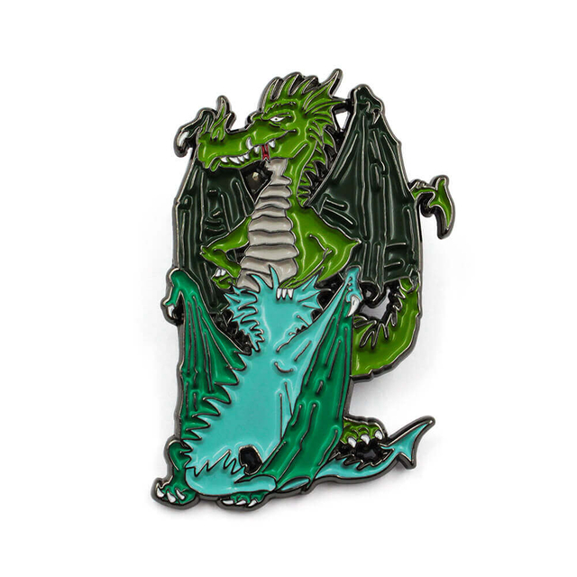Funny soft enamel dragon pin featuring confident green dragon embracing surprised blue dragon with vibrant colors