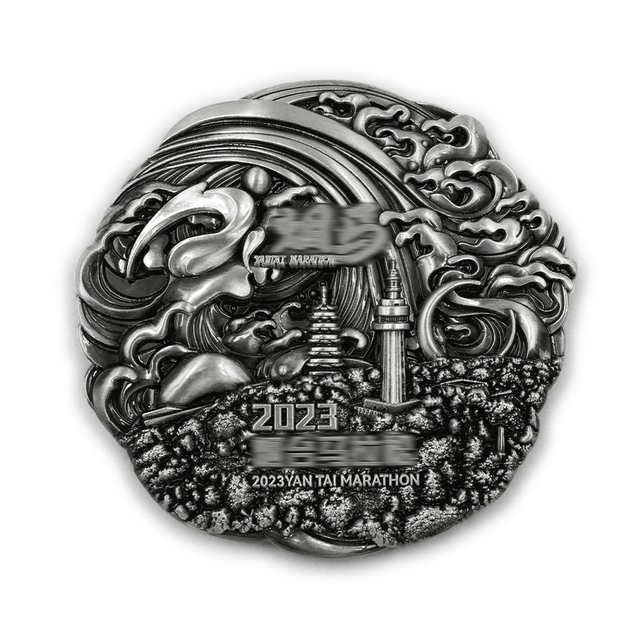 Antique silver custom race medal with embossed marathon landmark artwork