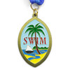 Gold oval custom swim medal with tropical palm tree, sailboat, beach scene and 