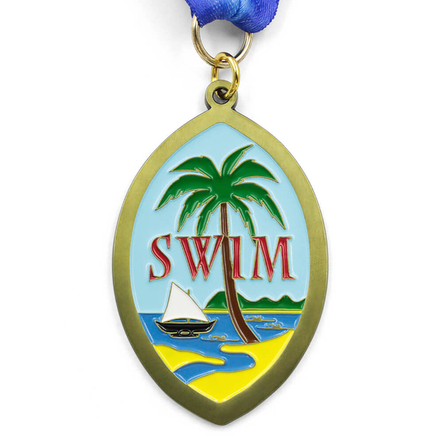 Gold oval custom swim medal with tropical palm tree, sailboat, beach scene and 