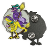 Dragon enamel pin with purple witch dragon riding broom and yellow captive dragon on full moon background - back view showing double pins
