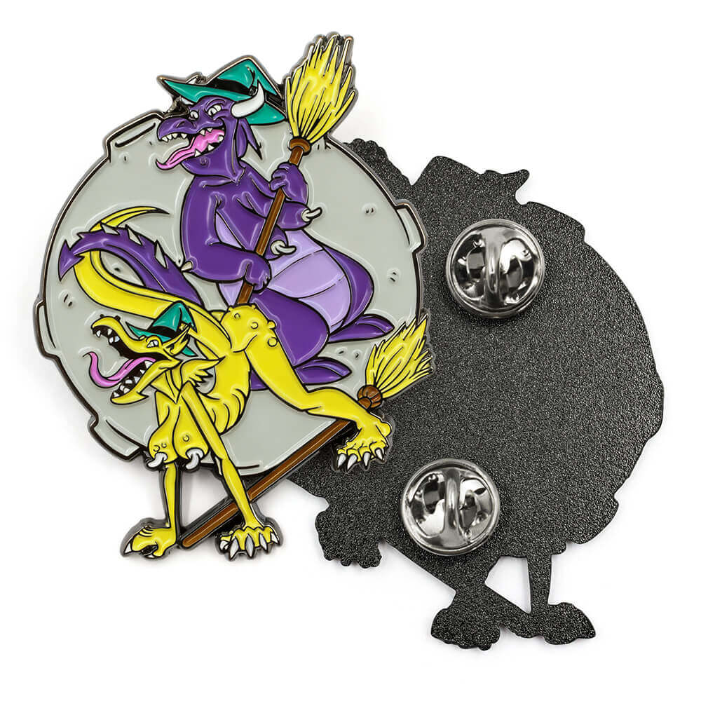 Dragon enamel pin with purple witch dragon riding broom and yellow captive dragon on full moon background - back view showing double pins