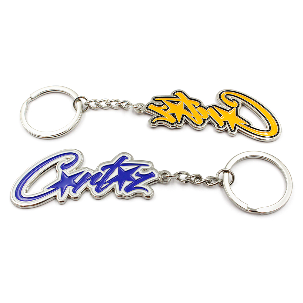 custom enamel keychain showing front and back design, perfect for brand logos and promotional use