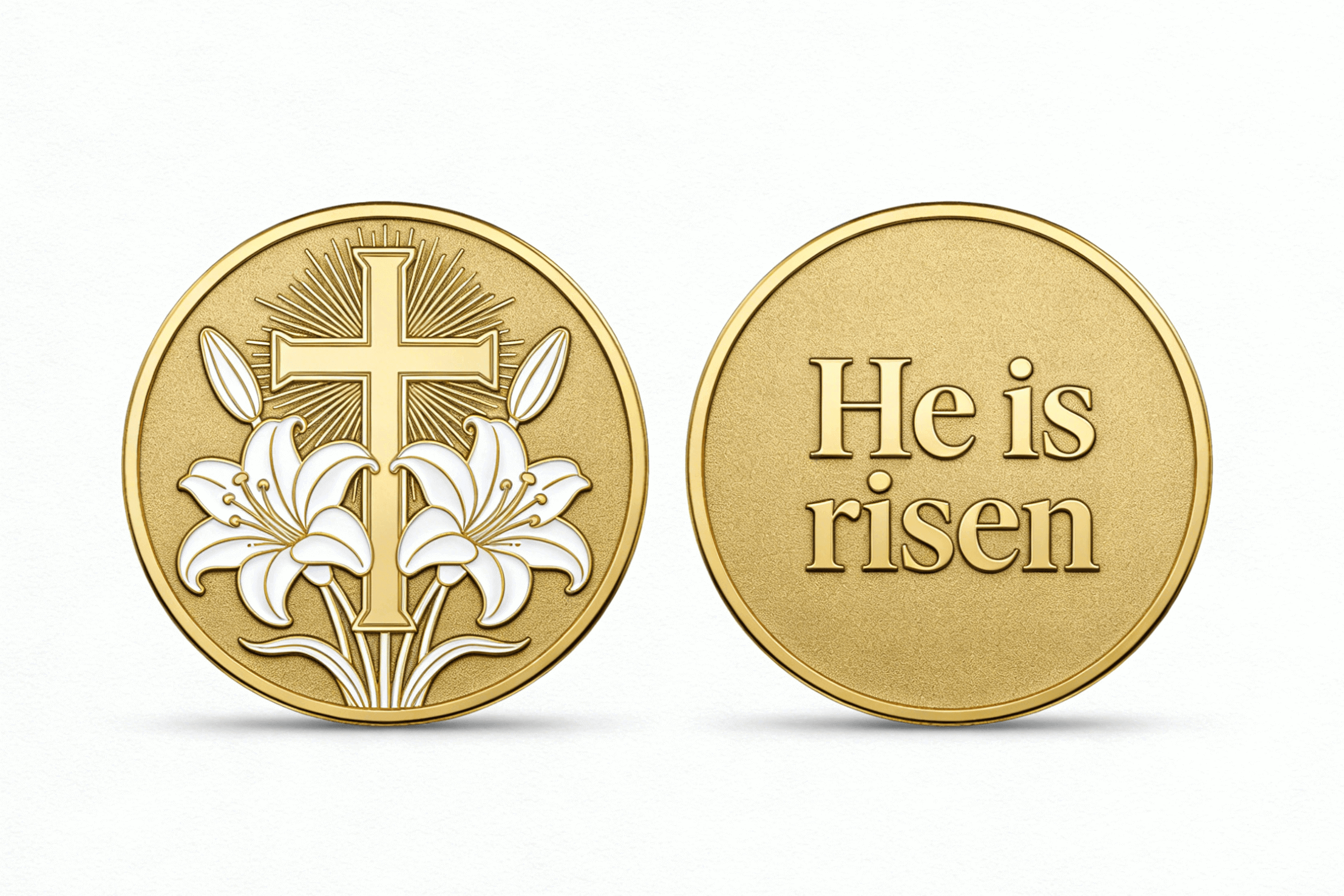 Gold Easter custom challenge coin featuring a cross, white lilies, and He is risen