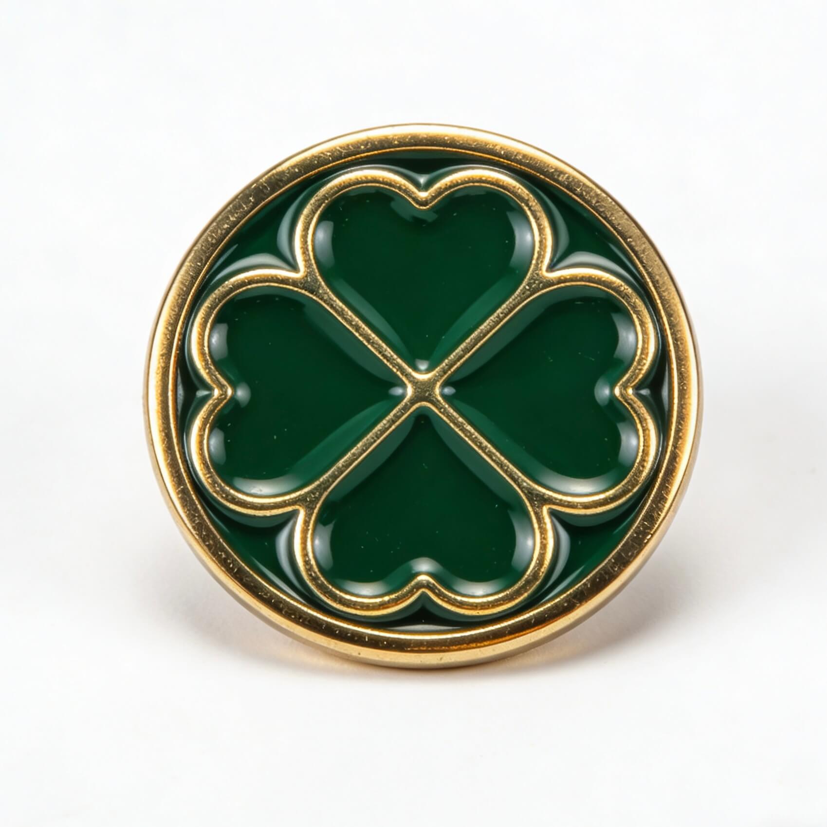 Classic four-leaf clover St. Patrick's Day hard enamel custom pin in rich green with gold frame, lucky symbol detail