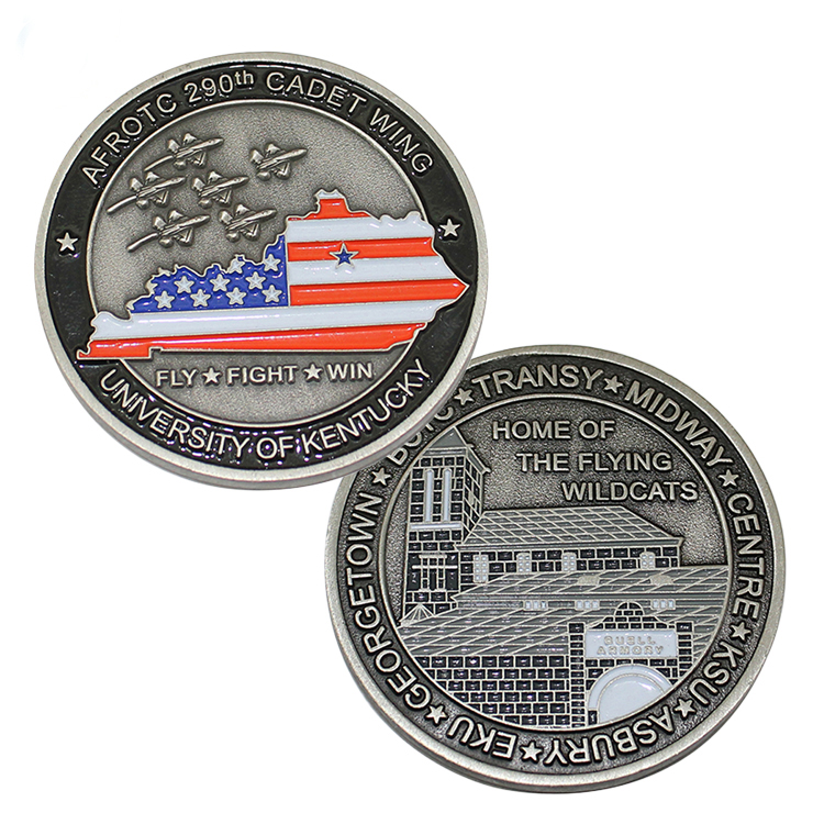 Custom military challenge coin for University of Kentucky Aero 2401 Cadet Wing. Front features aircraft and US flag with 'FLY FIGHT WIN' motto; back shows UKy campus home of the Flying Wildcats.