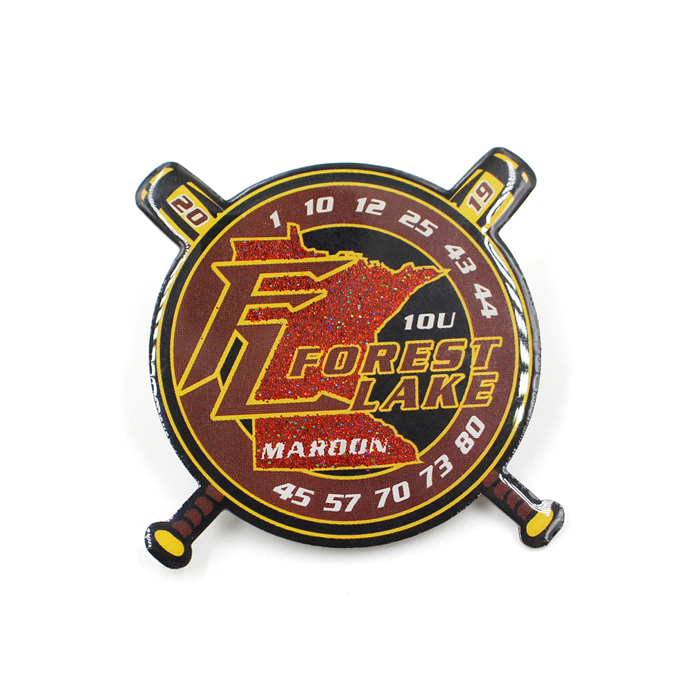 Custom offset printed Forrest Lake baseball lapel pin featuring Minnesota state outline, crossed bats, and commemorative numbers
