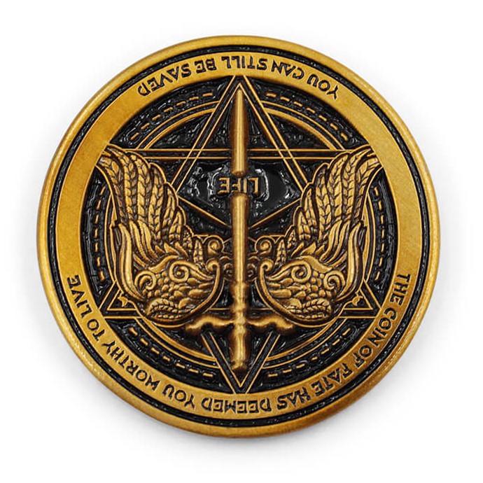 ustom challenge coins featuring cool 3D phoenix wings and sword life design in antique gold
