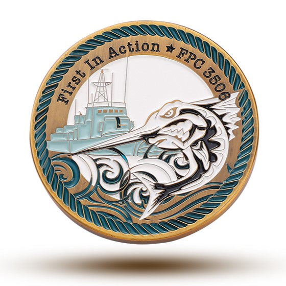 This custom challenge coin represents the US Navy’s FPC 5509 Patrol Boat, featuring the boat design with the distinctive 