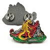 Back and front view of anime enamel pin showing double clutch posts on fantasy dragon attacking castle design