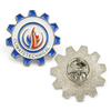 Gear lapel pin featuring hard enamel gear shape with flame wave design in silver plating