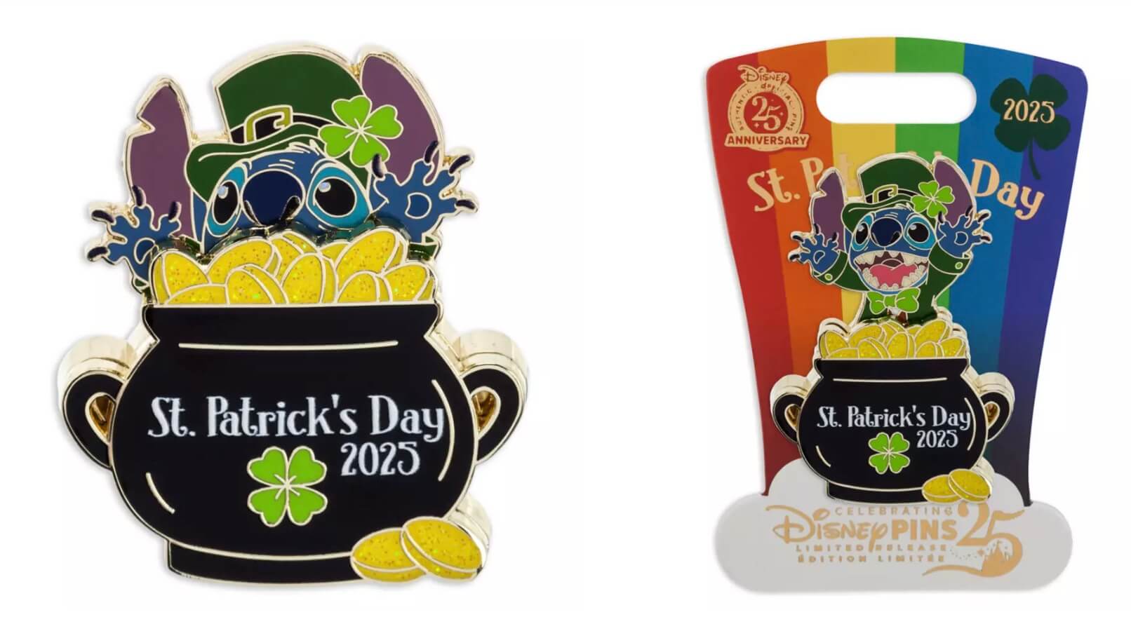Limited edition 2025 Disney Stitch St. Patrick's Day enamel pin in gold pot with clovers and rainbow backing card