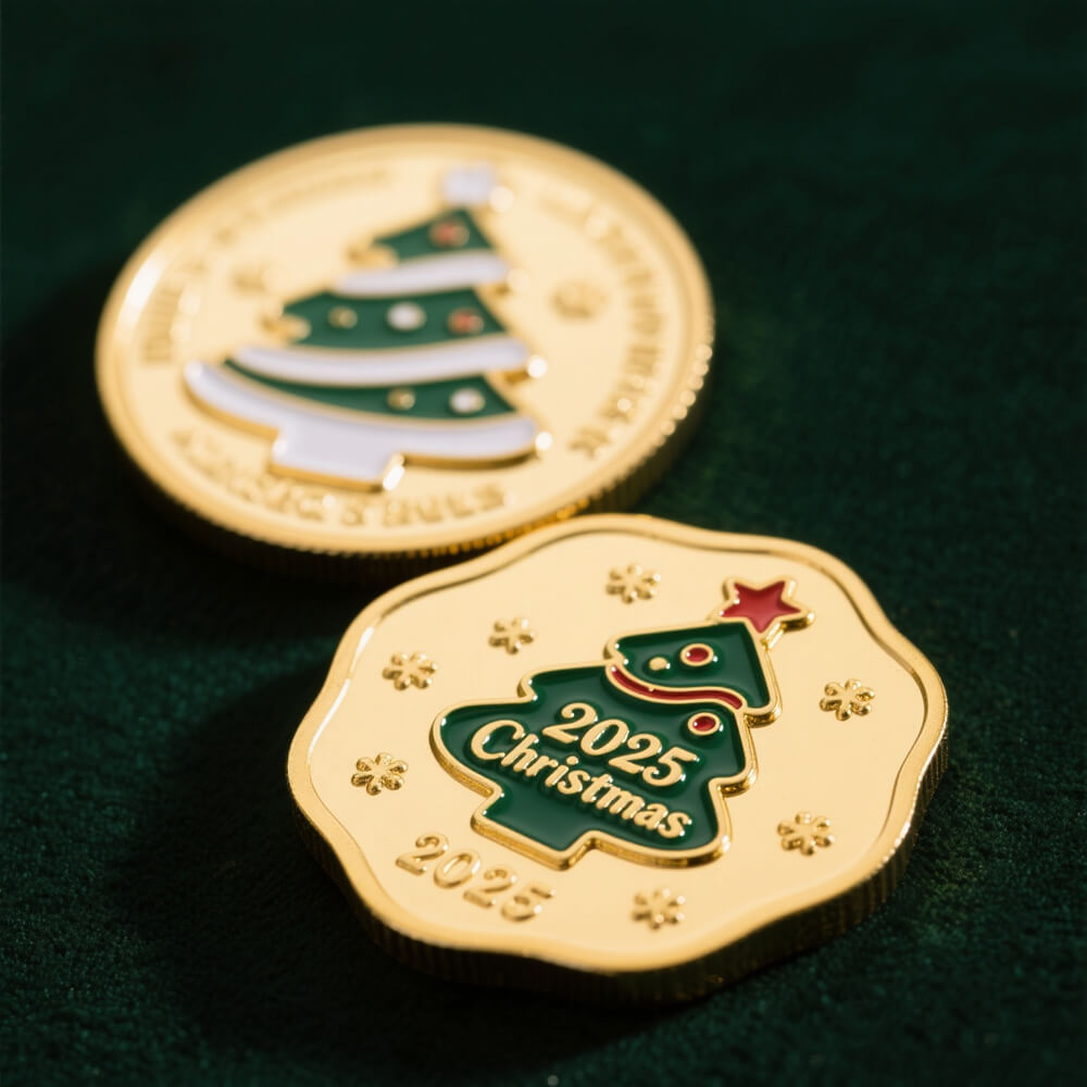 Unique tree-shaped 2025 Christmas challenge coin with 3D design, green enamel finish and red star topper, limited edition holiday collectible