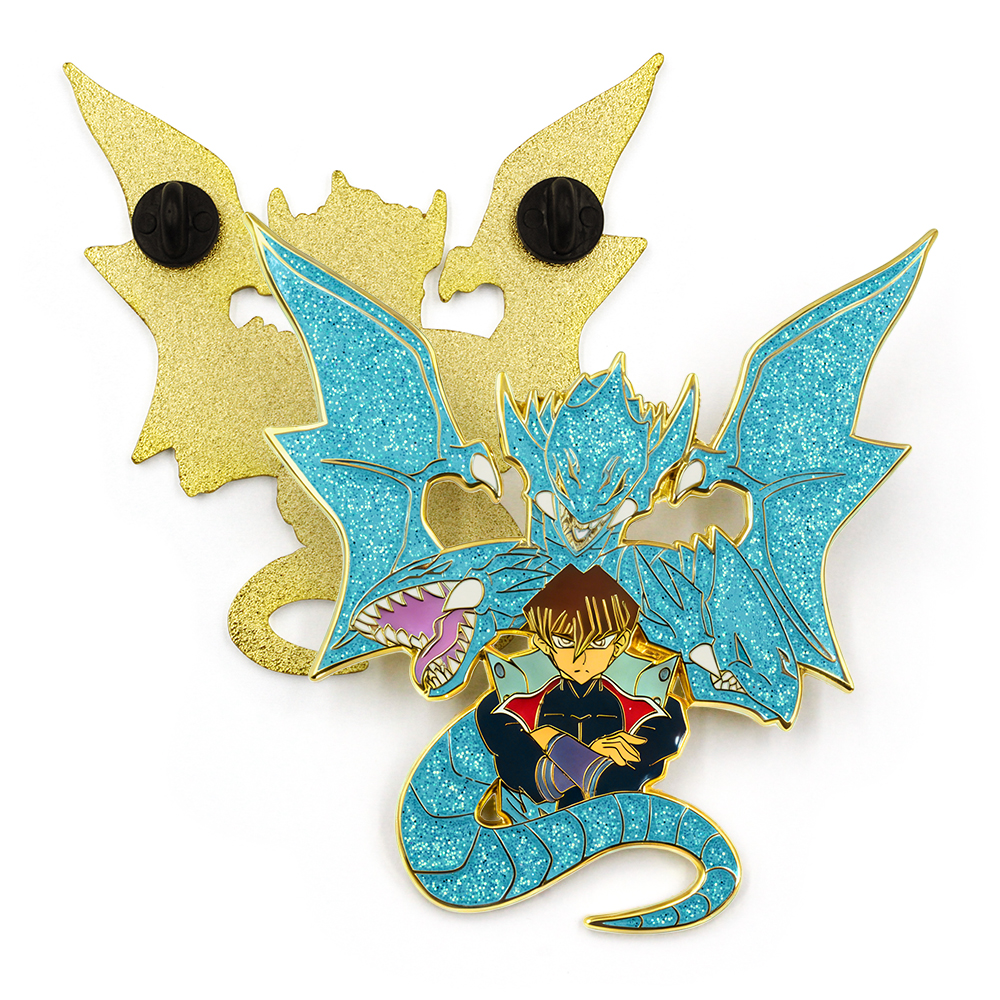 Back view of glitter anime enamel pin showing double pin posts on fantasy multi-headed dragon design