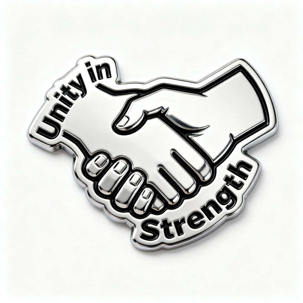 Metal lapel pin featuring two hands shaking, representing the power of collaboration and unity. The badge includes the message “Unity in Strength” with split text design, made with a sleek metal finish and a dimensional feel. Perfect for showcasing teamwork, organizational spirit, and unity, this pin is a great addition to any collection or display.