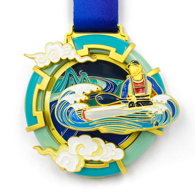 GUGLE custom race medal featuring dragon boat paddler on ocean waves, 3D colorful enamel, turquoise blue gold finish and blue ribbon for racing finishers